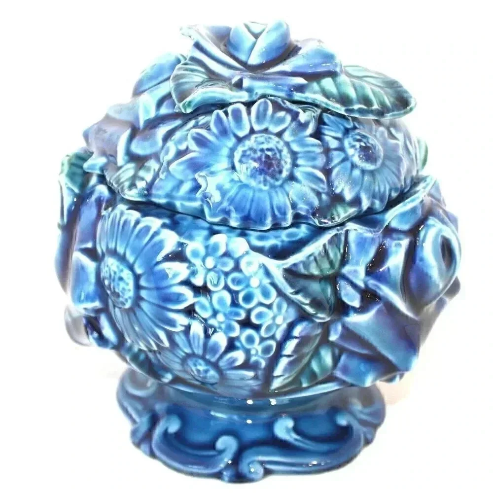 Vintage MCM Ceramic POTTERY Blue Flower Bouquet Storage Cookie Candy Jar W/ Lid
